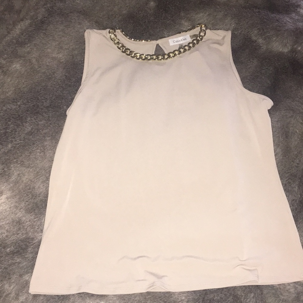 Calvin Klein sleeveless gold chain accent top.